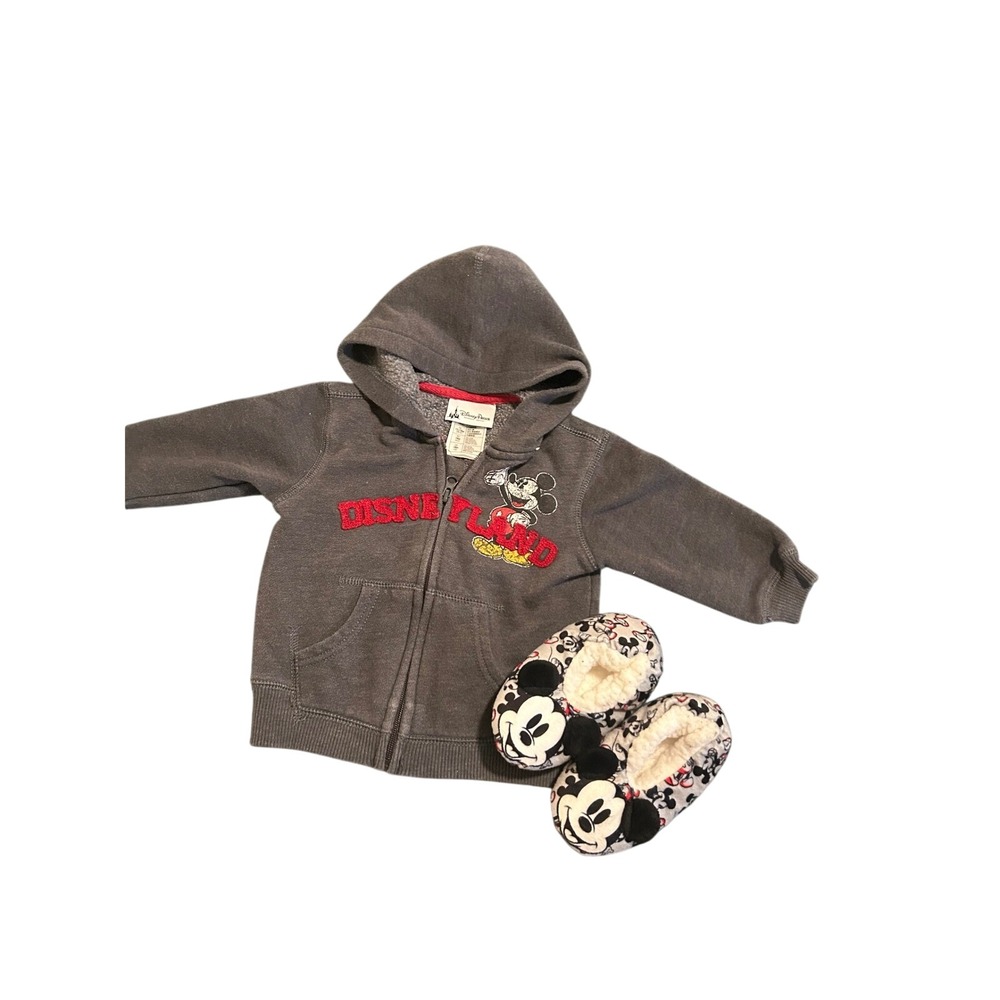 Disney Parks Mickey Mouse Zip Hoodie and Slippers Set Gray Toddler 18M FREE GIFT